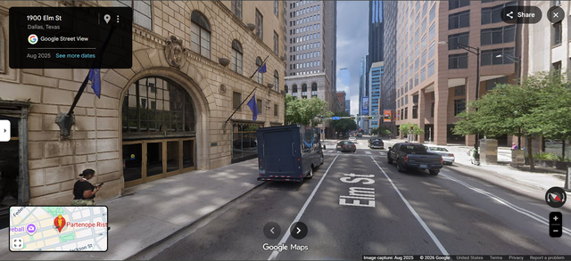 The 1900 Elm Apartments building in downtown Dallas at 1900 Elm St.